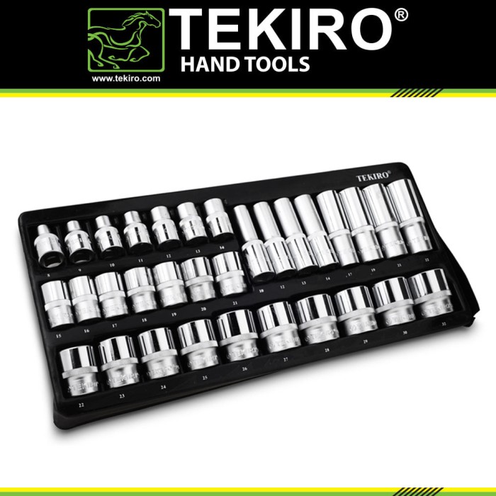 TEKIRO 1/2 INCH TOOL TRAY SOCKET 6 PT 8 - 32 MM 32 PCS /TOOL TRAY